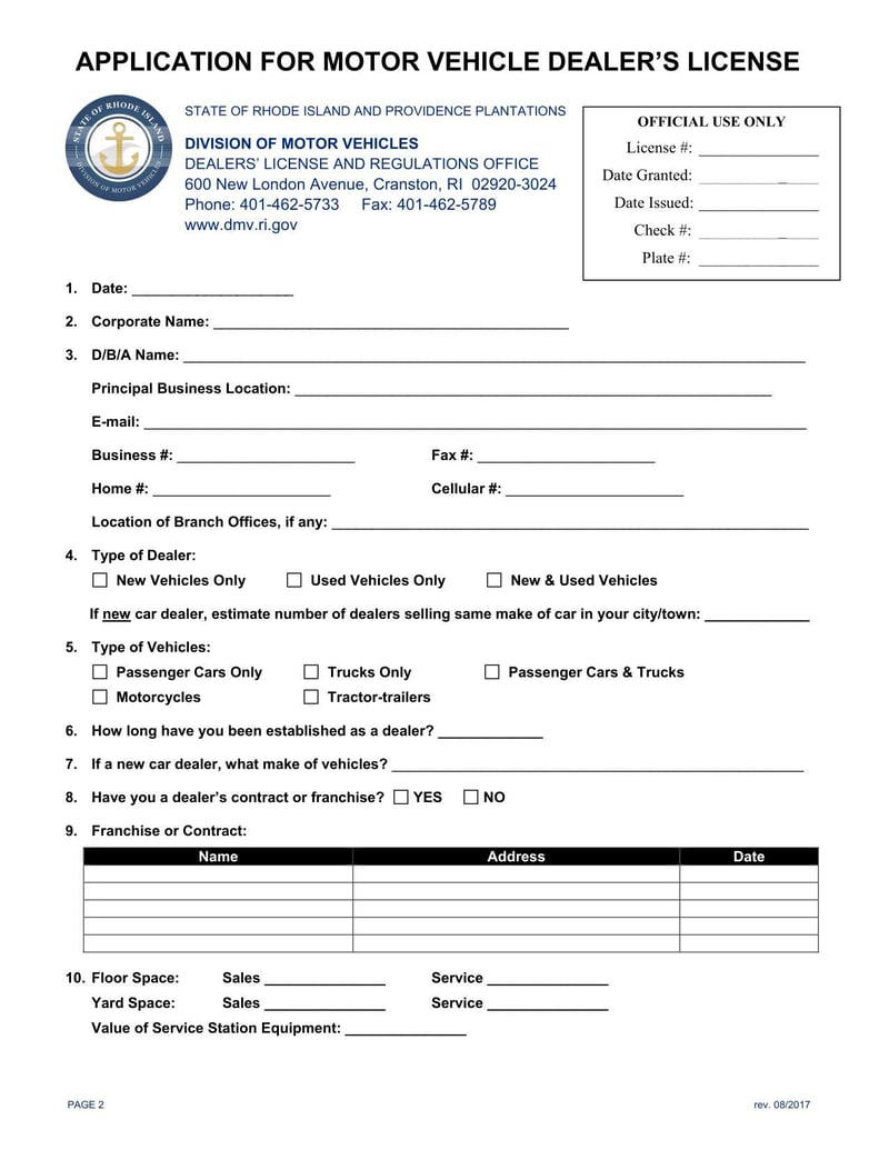 Large thumbnail of Rhode Island Application for New Dealership License (2017)