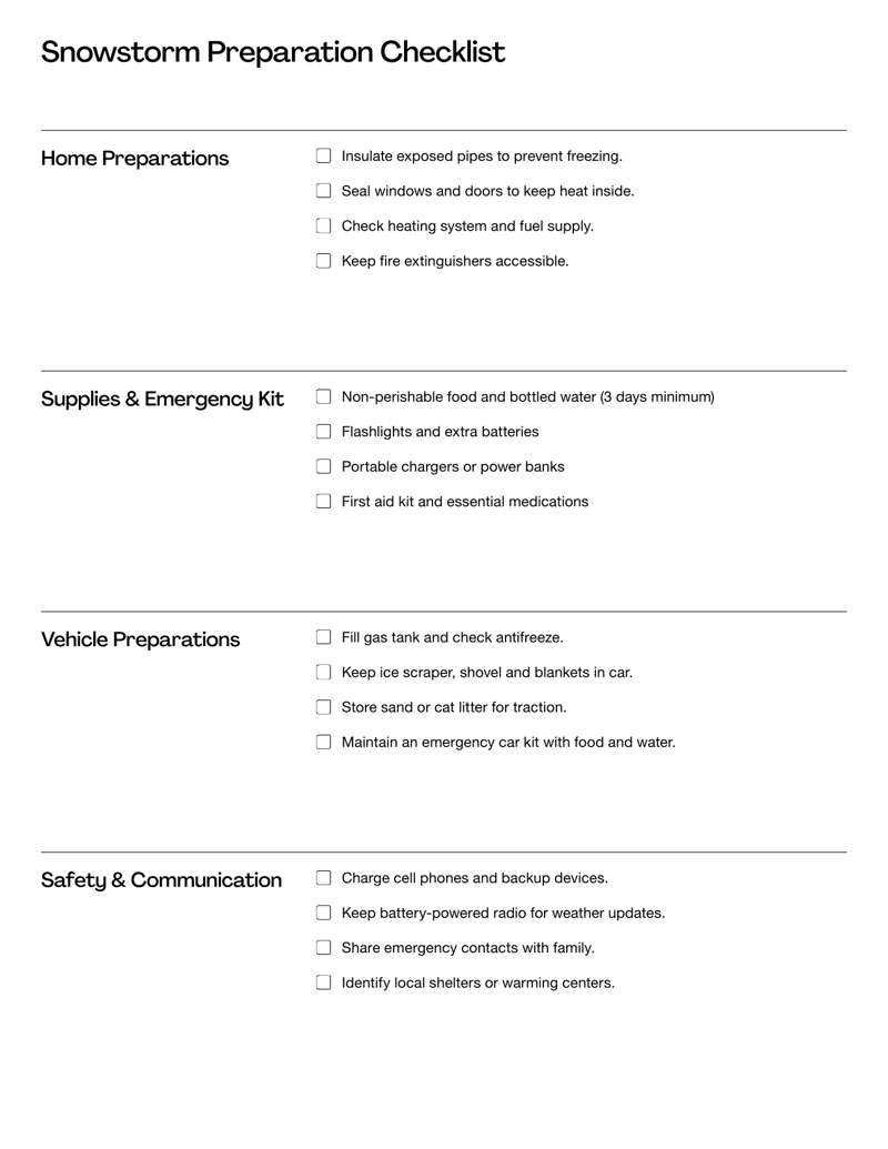 Snow Storm Preparation Checklist with home, supply, vehicle and safety tasks