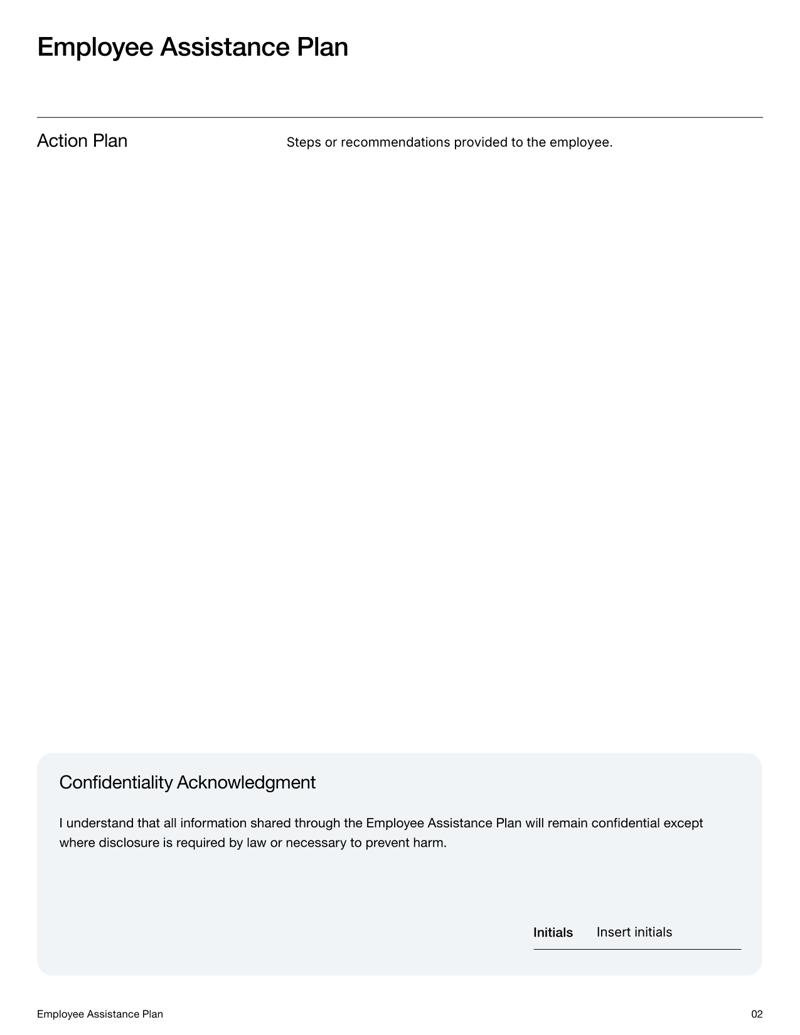 Employee Assistance Plan form with sections for support services, reasons for request, confidentiality acknowledgment and signatures