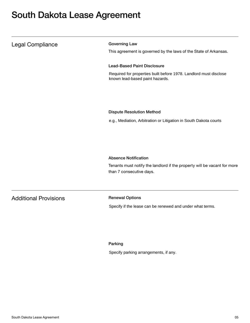 Large thumbnail of South Dakota Lease Agreement Template