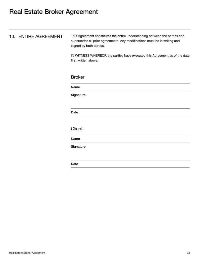 Real Estate Broker Agreement outlining terms between a property owner and a broker for property transactions
