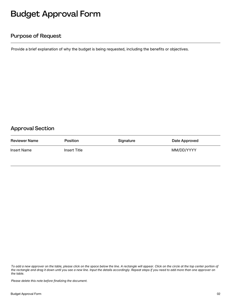 Budget Approval Form with expense breakdown, justification section and approval signatures