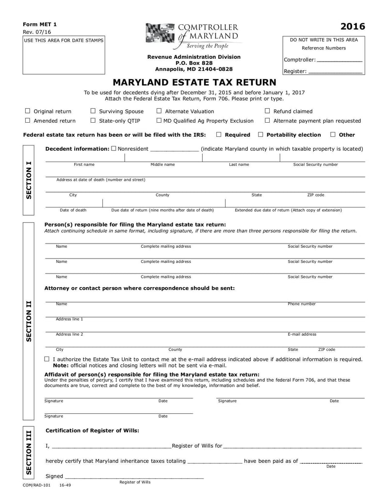Large thumbnail of Maryland Estate Tax Return - Sep 2017
