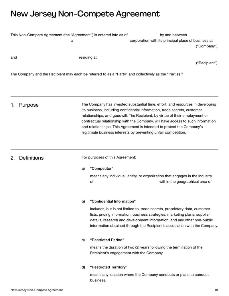 Non-Compete Agreement New Jersey for specifying employment restrictions on competitive work within the state’s legal limits