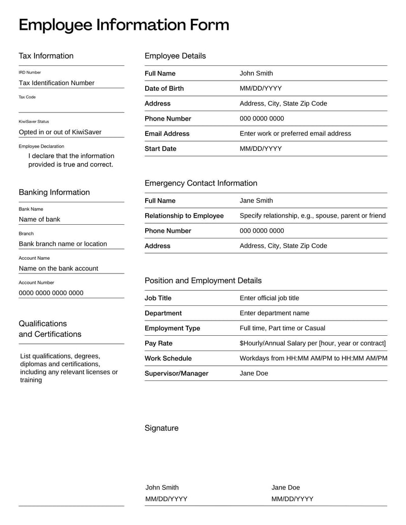 Employee Information Form for New Zealand for collecting personal, tax and job-related details from employees