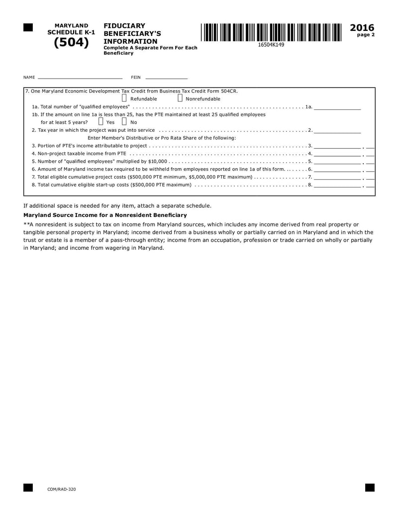 Large thumbnail of Maryland Schedule K-1 (504) - Sep 2017