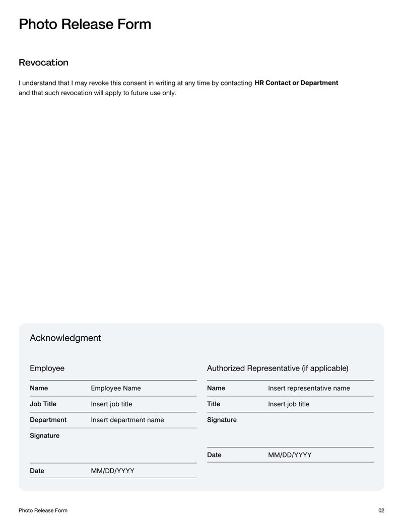 Photo Release Form for employee image consent, including usage permissions, waiver terms and signature fields