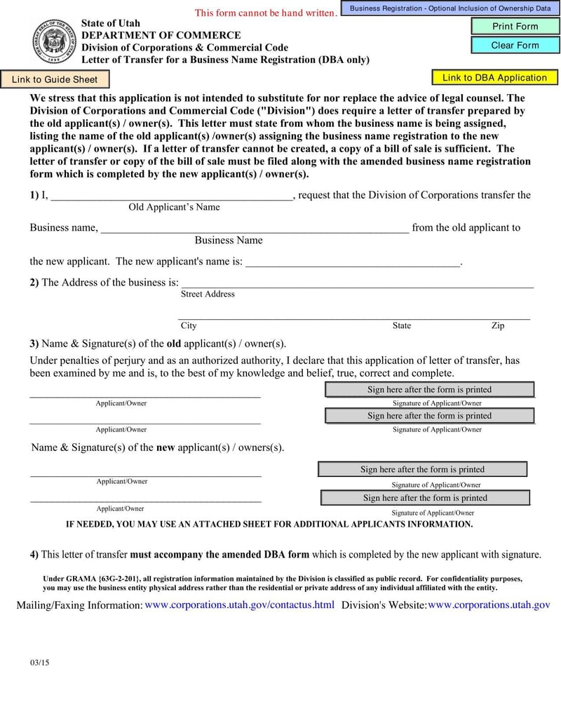 Large thumbnail of Utah Letter of Transfer for a Business Name Registration (DBA only)