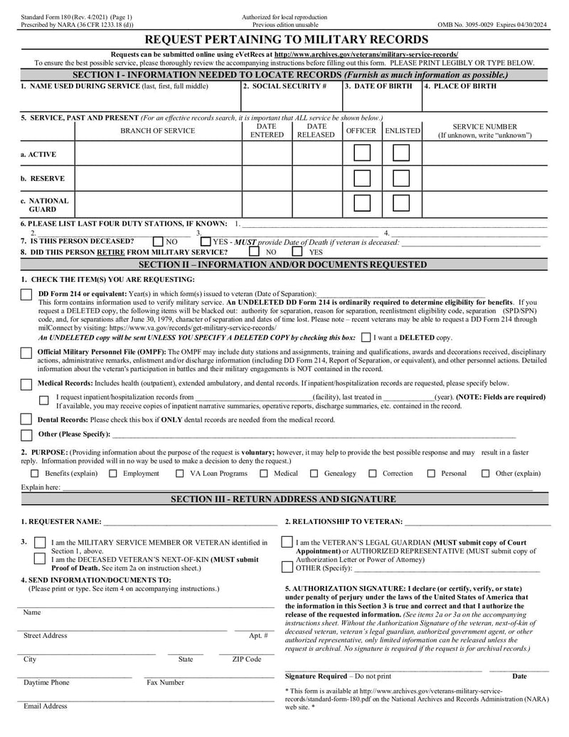 Large thumbnail of Standard Form 180 - Jun 2021