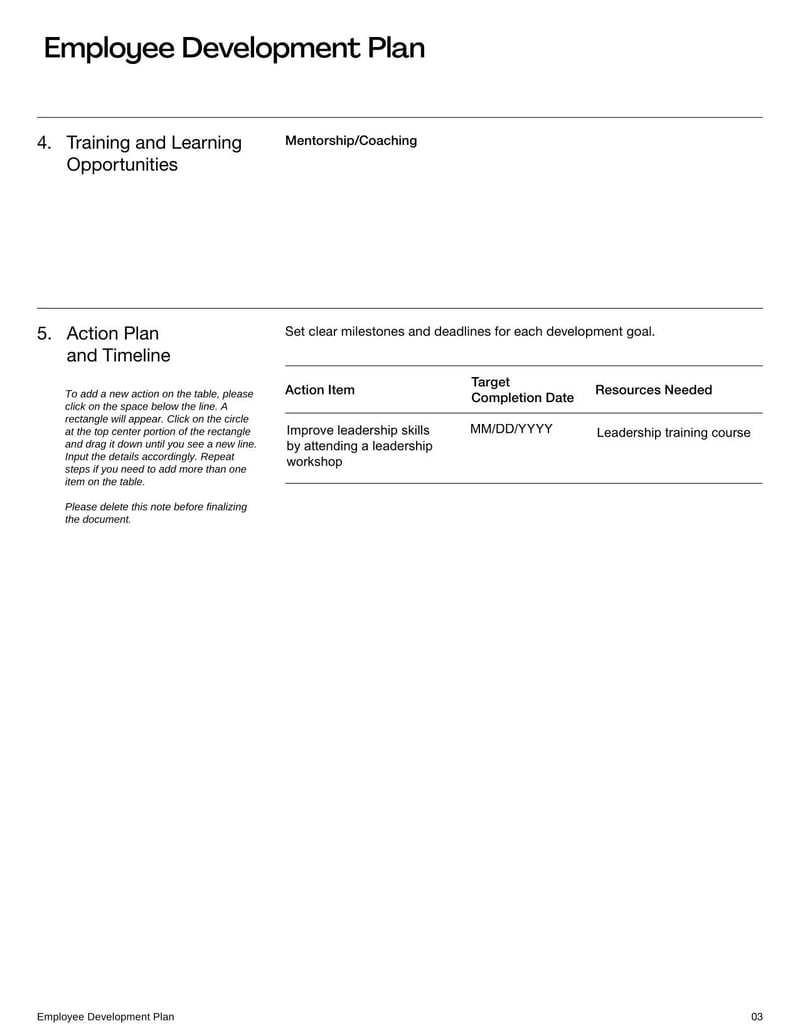 Employee Development Plan outlining strategies for an employee's professional growth and skill enhancement