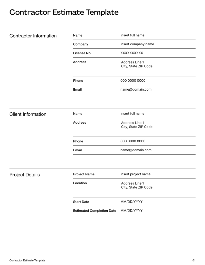 Contractor Estimate showing project details, cost breakdown and contractor information