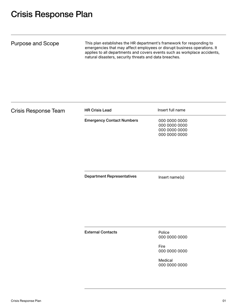 Crisis Response Plan with sections for purpose, response team, HR procedures, communication plan and post-crisis evaluation