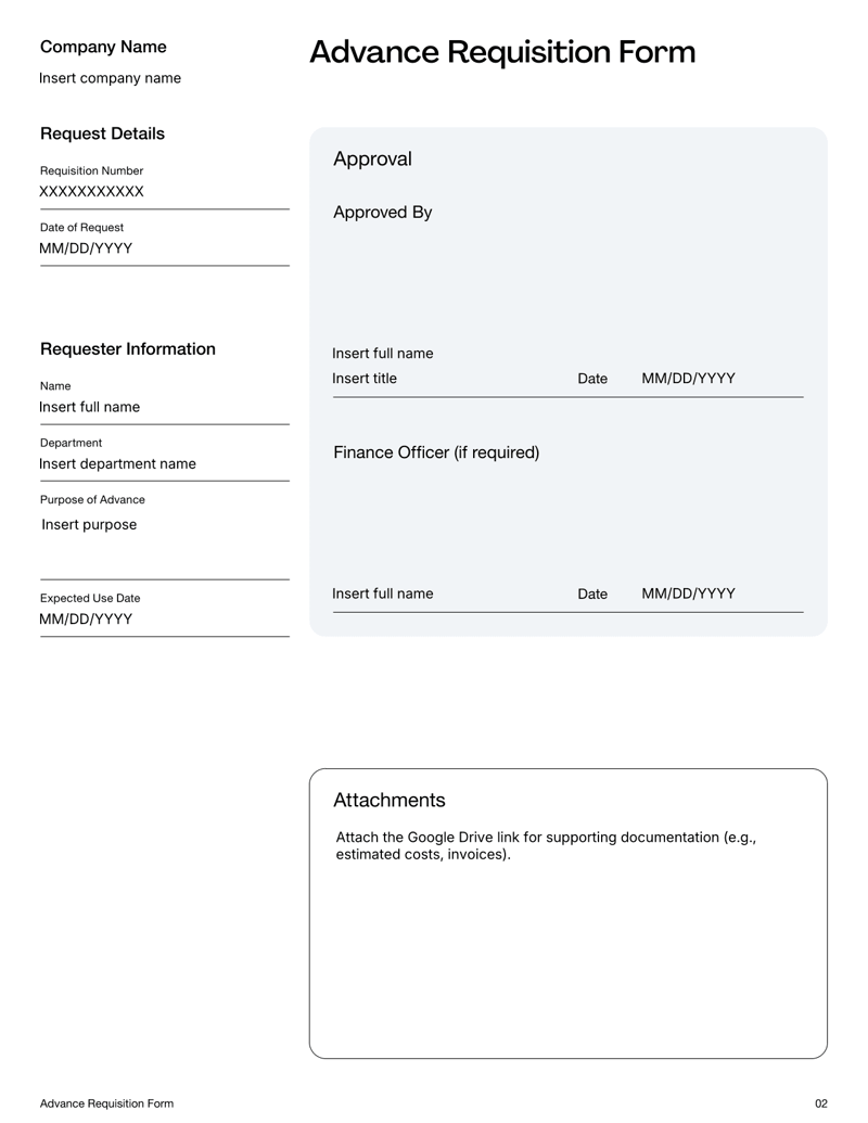 Advance Requisition Form showing fields for requester details, expense breakdown, repayment terms and approval signatures