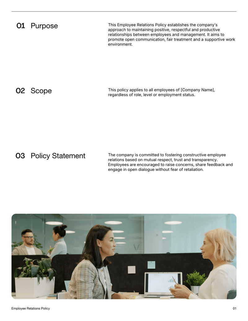 Employee Relations Policy document defining communication, grievance handling and respectful workplace standards
