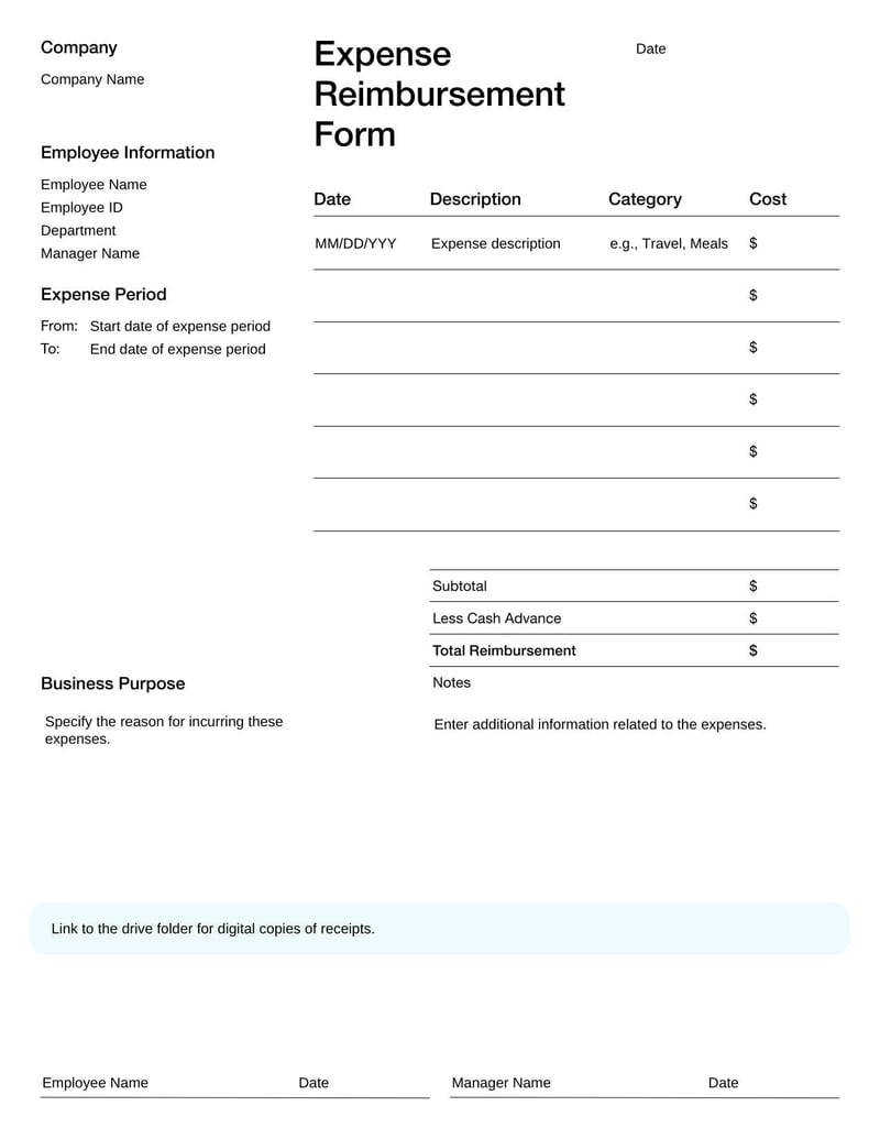 Expense Reimbursement Form for employees to request repayment for business-related expenses