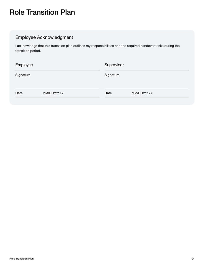 Role Transition Plan Template for outlining responsibilities, timelines, and tasks during a job transition