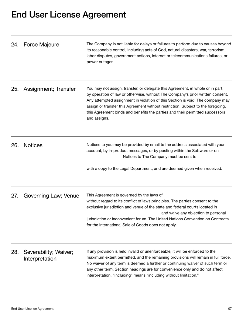 End User License Agreement setting software license terms, user rights and compliance obligations