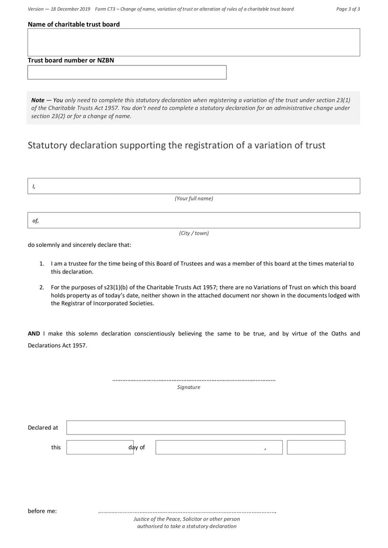 Large thumbnail of Form CT3 Change of Name, Variation of Trust or Alteration of Rules of a Charitable Trust Board - Nov 2022