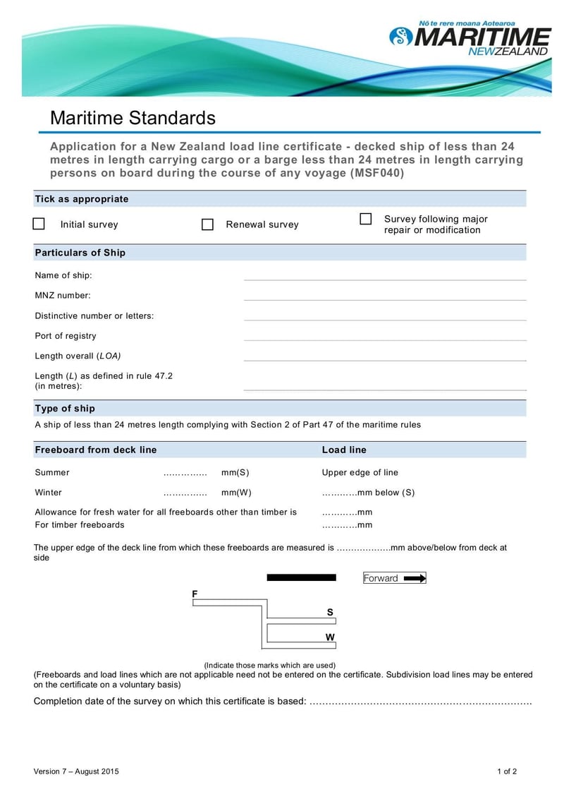 Large thumbnail of Application Form for NZ Loadline Certificate - Aug 2015