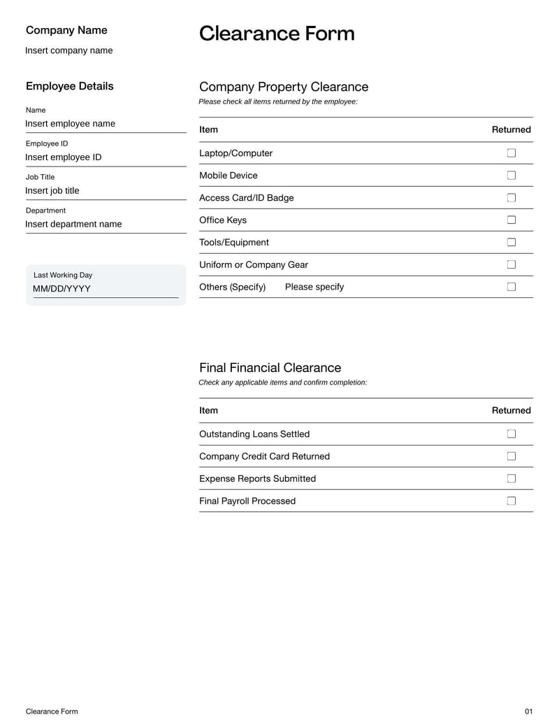 Clearance Form for confirming all obligations are fulfilled before an individual departs or equipment is returned