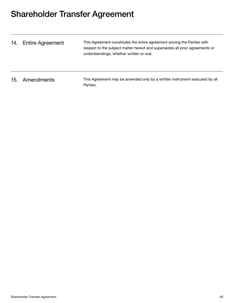 Shareholder Transfer Agreement documenting the sale and transfer of company shares and shareholder obligations