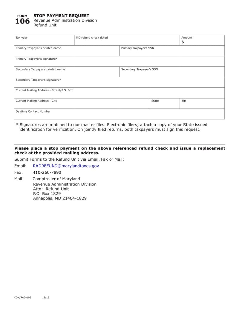 Large thumbnail of Stop Payment Request (Form 106) - Feb 2020