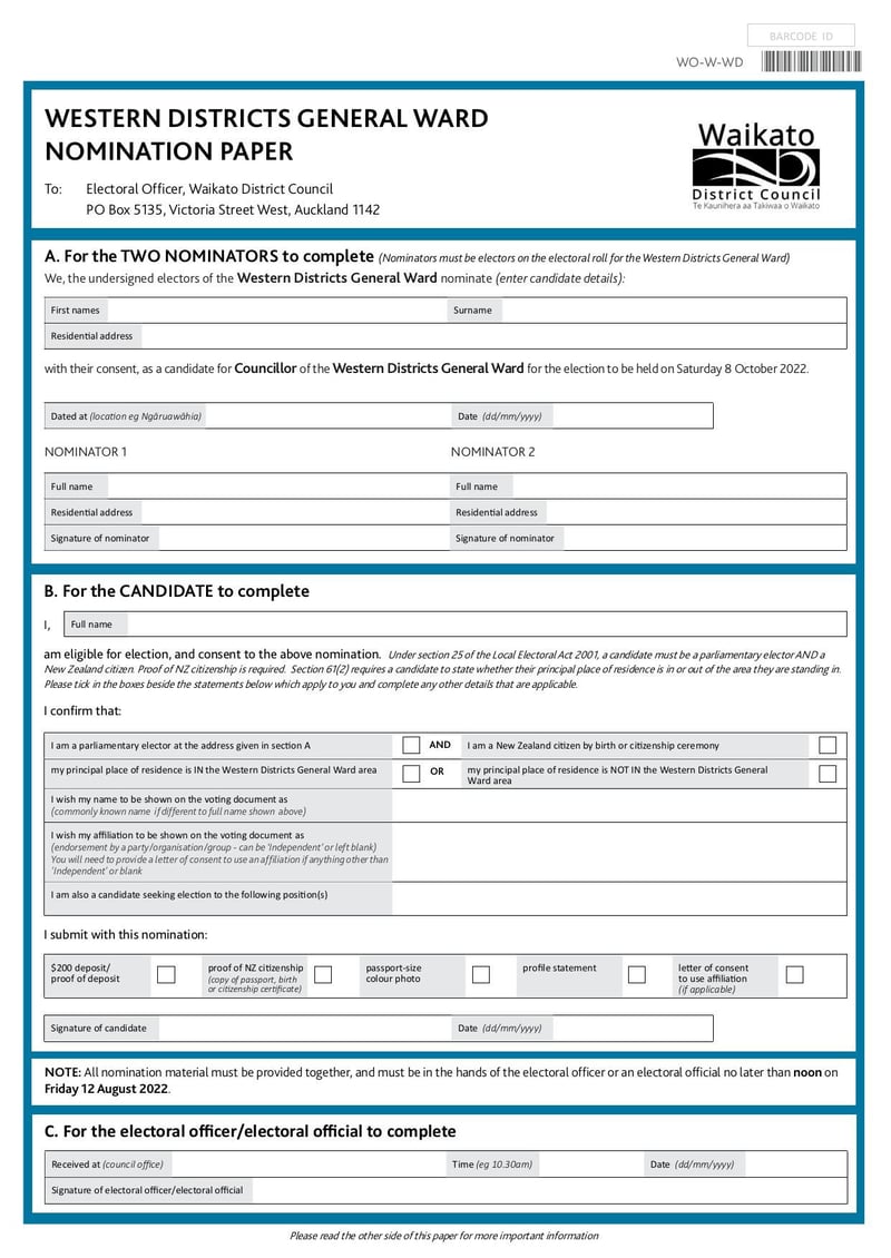 Large thumbnail of Western Districts General Ward Nomination Form - Jul 2022