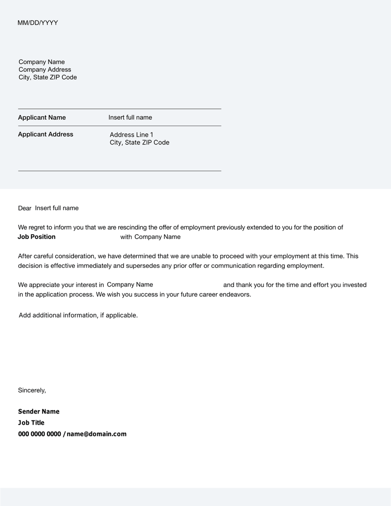 Rescind Offer of Employment letter notifying a candidate that a job offer has been withdrawn
