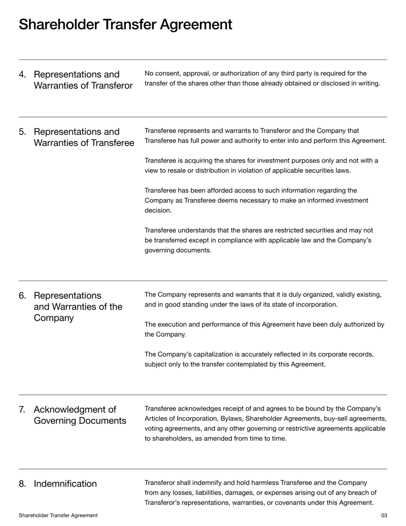 Shareholder Transfer Agreement documenting the sale and transfer of company shares and shareholder obligations