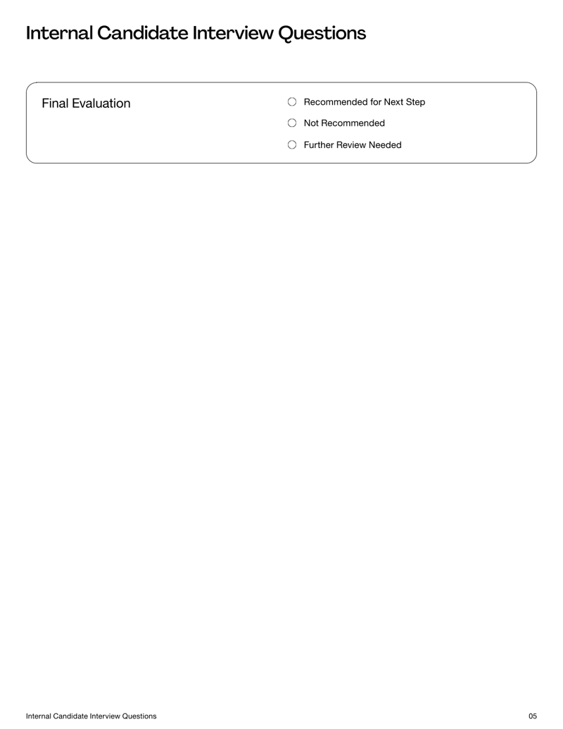 Internal Candidate Interview Questions form with interview sections, candidate and job details and structured evaluation fields