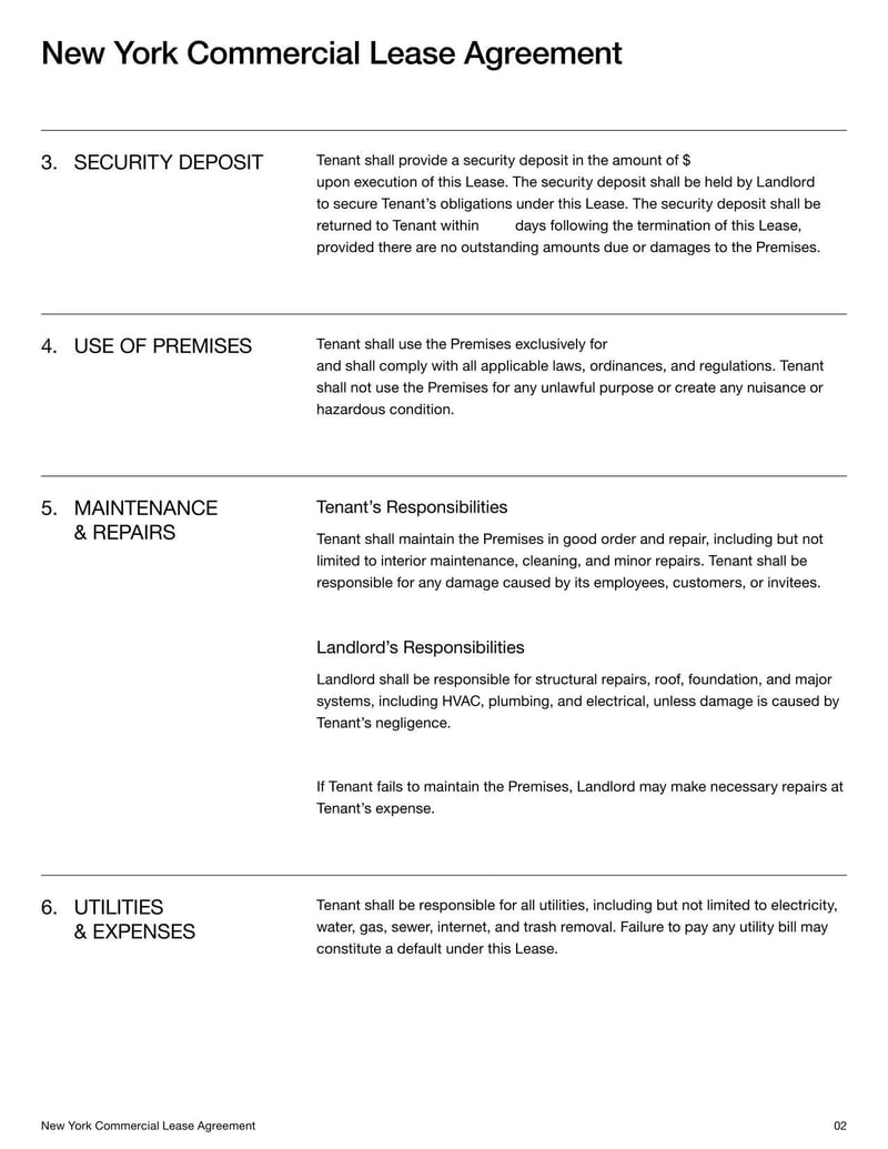 New York Commercial Lease Agreement for outlining rental terms, permitted use, and obligations for commercial properties in New York