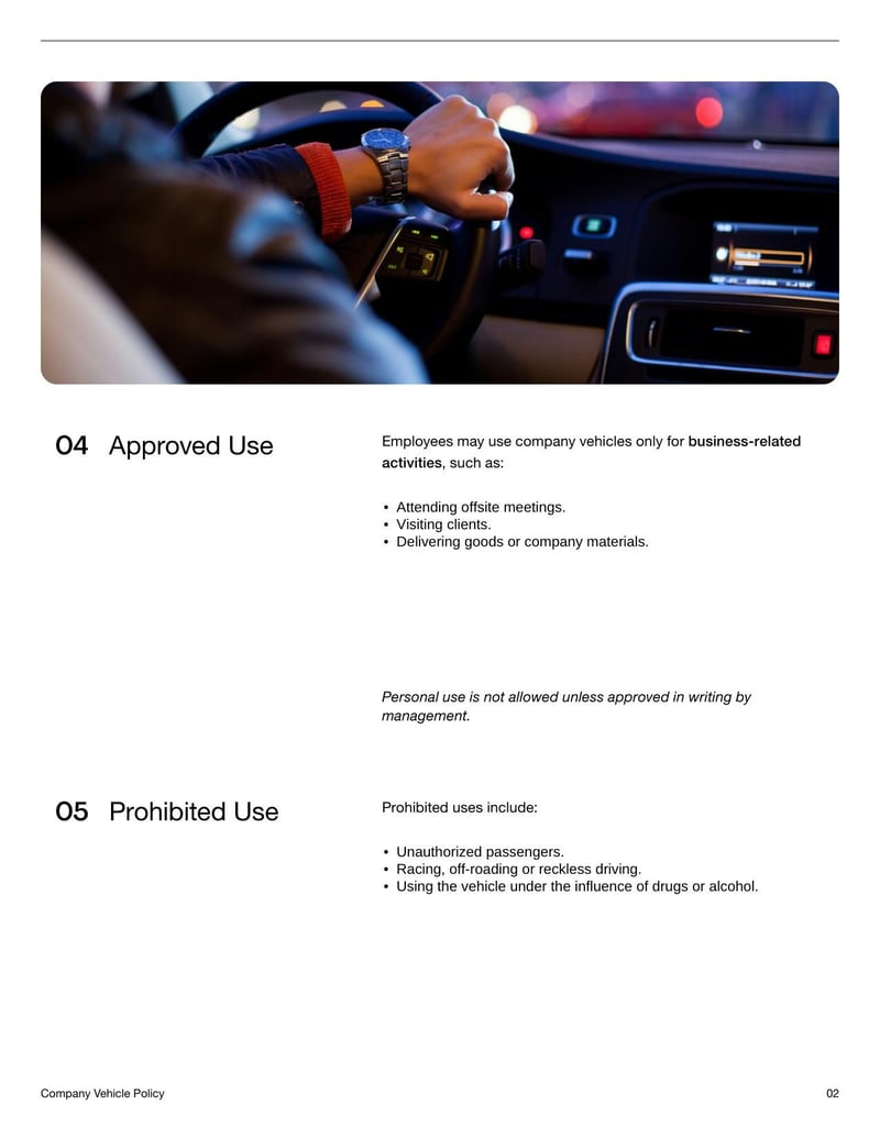 Company Vehicle Policy for establishing guidelines on employee use of company-owned vehicles