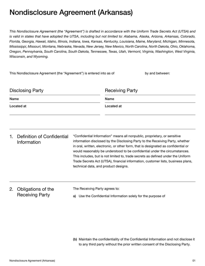 Arkansas Nondisclosure Agreement document with confidentiality and nondisclosure terms