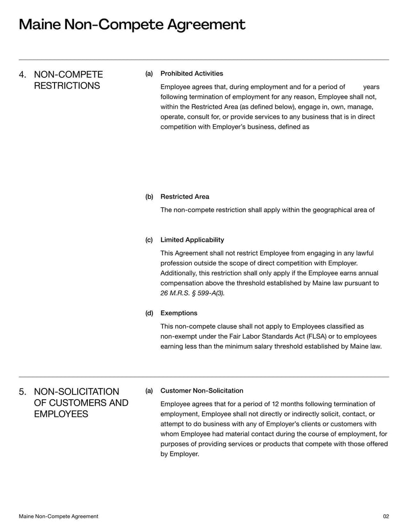 Non-Compete Agreement Maine for specifying employment restrictions on competitive work within the state’s legal limits