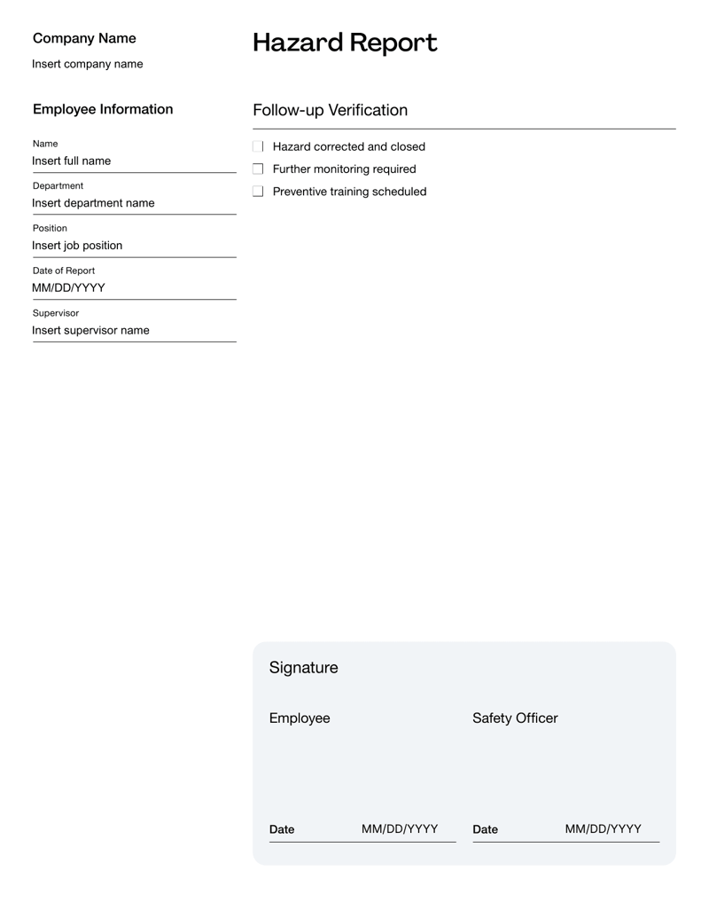 Hazard Report form for documenting workplace risks, hazard types, corrective actions and HR follow-up