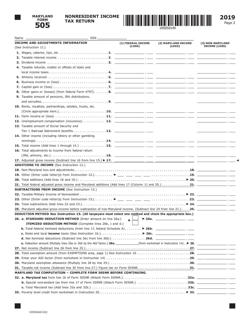 Large thumbnail of Maryland Form 505 - Dec 2019