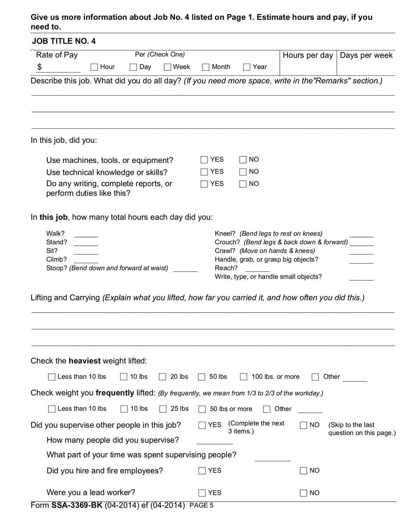Large thumbnail of Work History Report (Form SSA-3369-BK) - Dec 2014