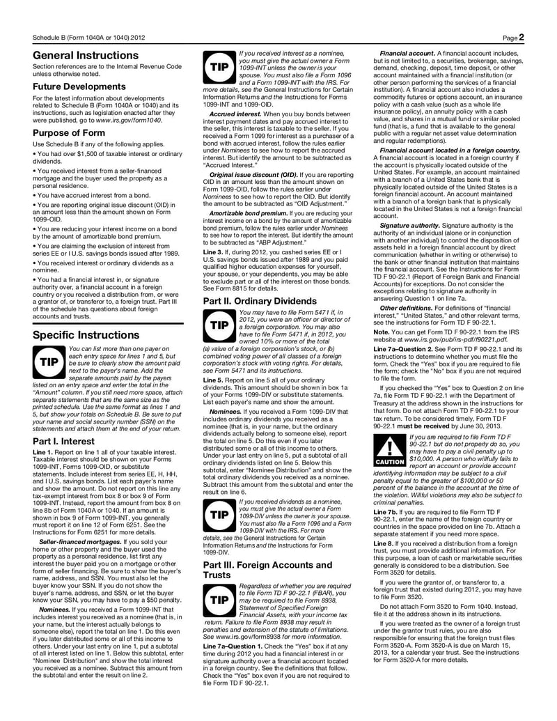 Large thumbnail of Form 1040A or 1040 (Schedule B) - Jan 2012