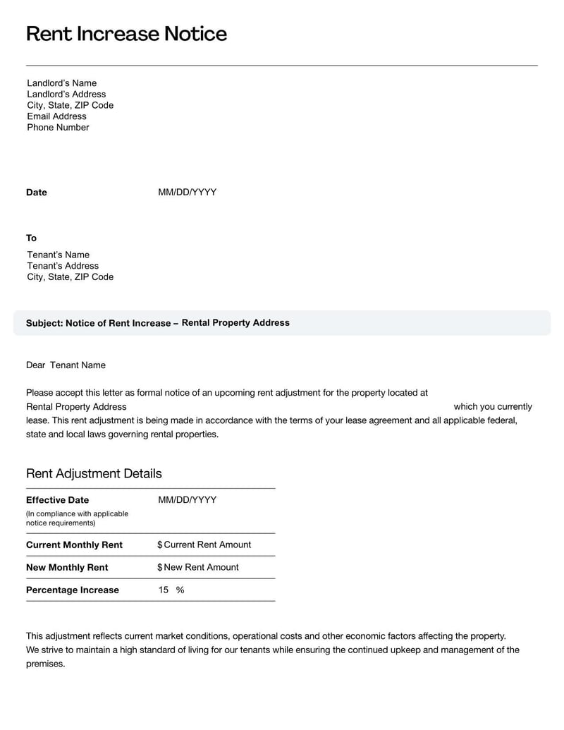 Rent Increase Notice Template for informing tenants of changes to rental rates