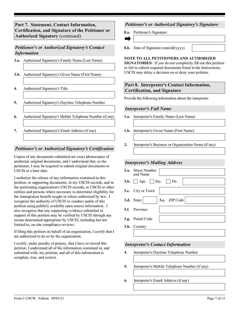 Large thumbnail of Form I-129CW - Sep 2021