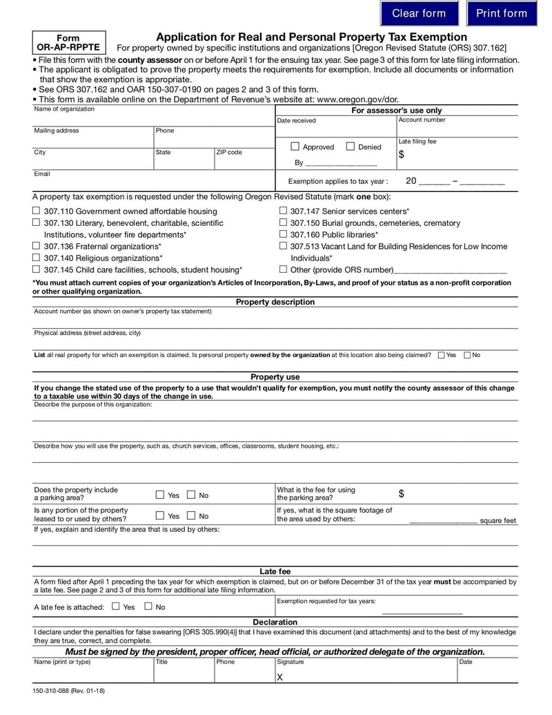 Application for Real and Personal Property Tax Exemption (Form OR 