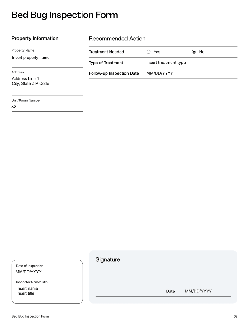 Bed Bug Inspection Form with fields for property details, evidence of infestation, inspection findings and recommended treatment actions