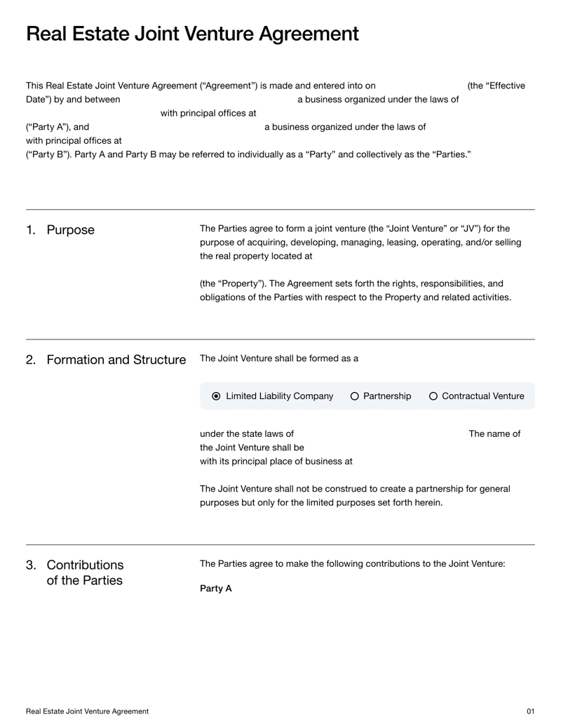Joint Venture Agreement detailing contributions, ownership interests, profit-sharing and governance