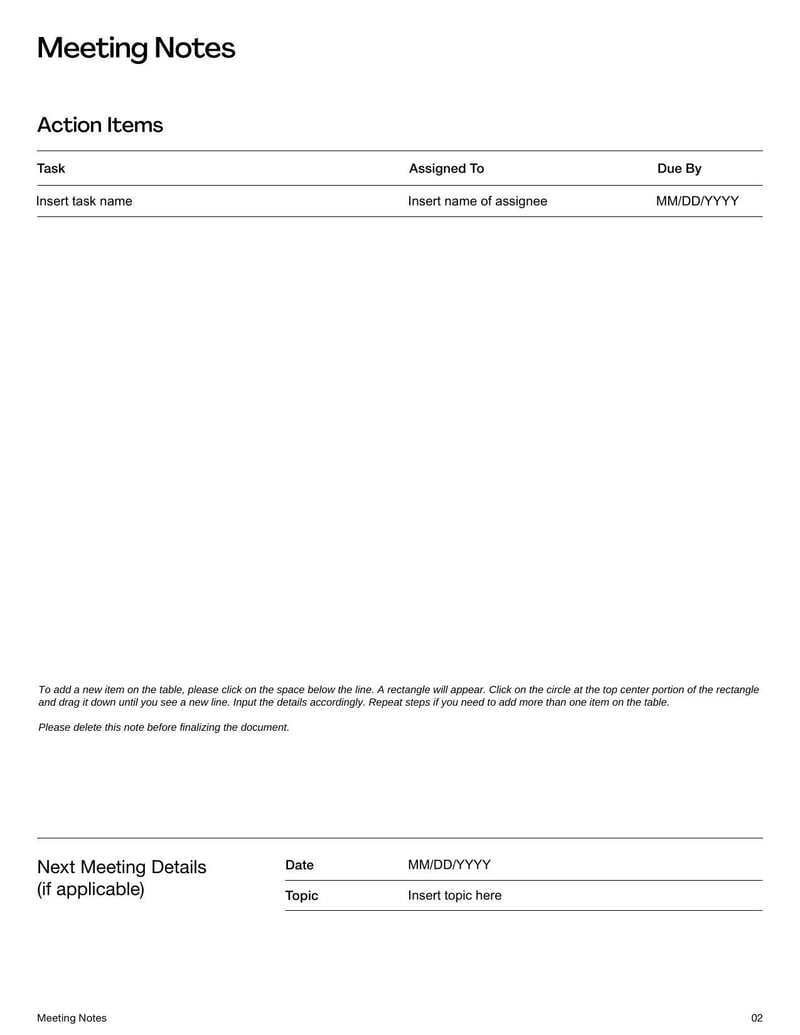 Meeting Notes Template for recording key points, decisions, and action items from meetings