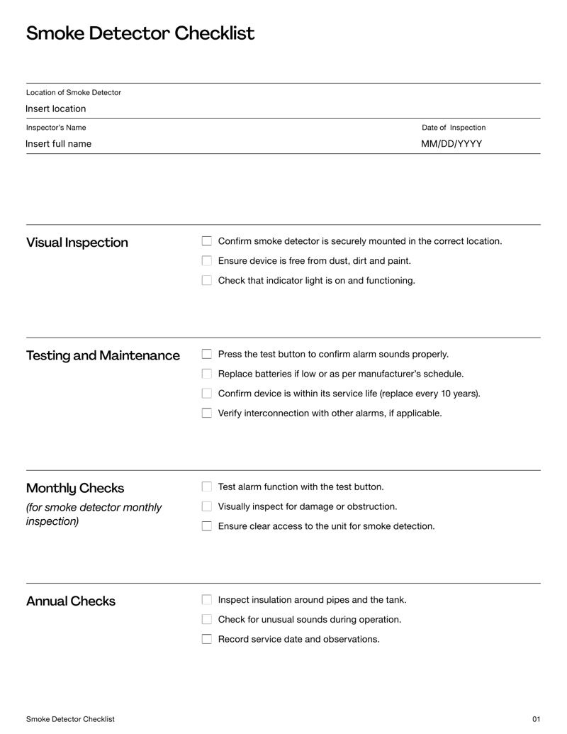 Smoke Detector Inspection Checklist with sections for visual checks, testing and maintenance