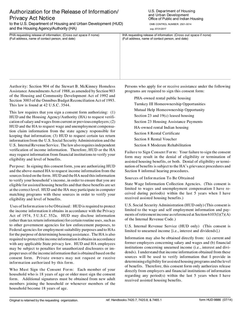 Large thumbnail of Authorization of Release of Information HUD 9886 - Jul 2014