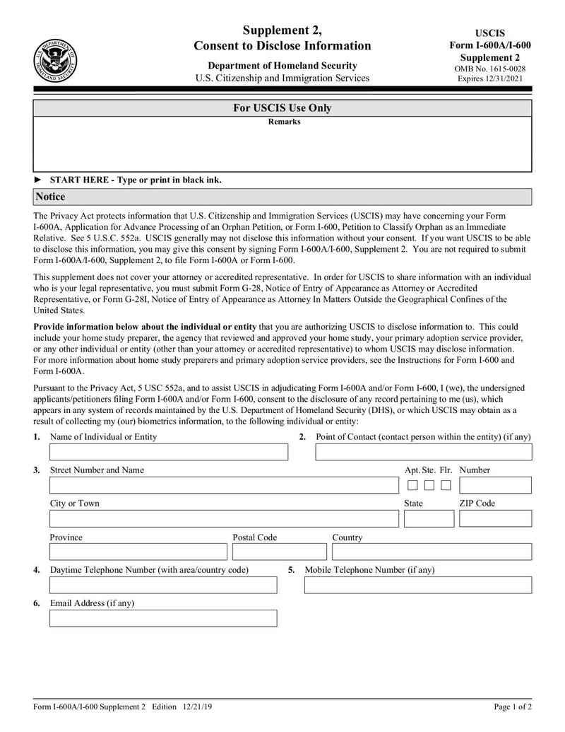 Large thumbnail of Form I-600A Supplement 2 Consent to Disclose Information - Dec 2019