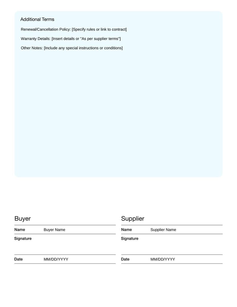Software Purchase Order Template for acquiring software licenses or services