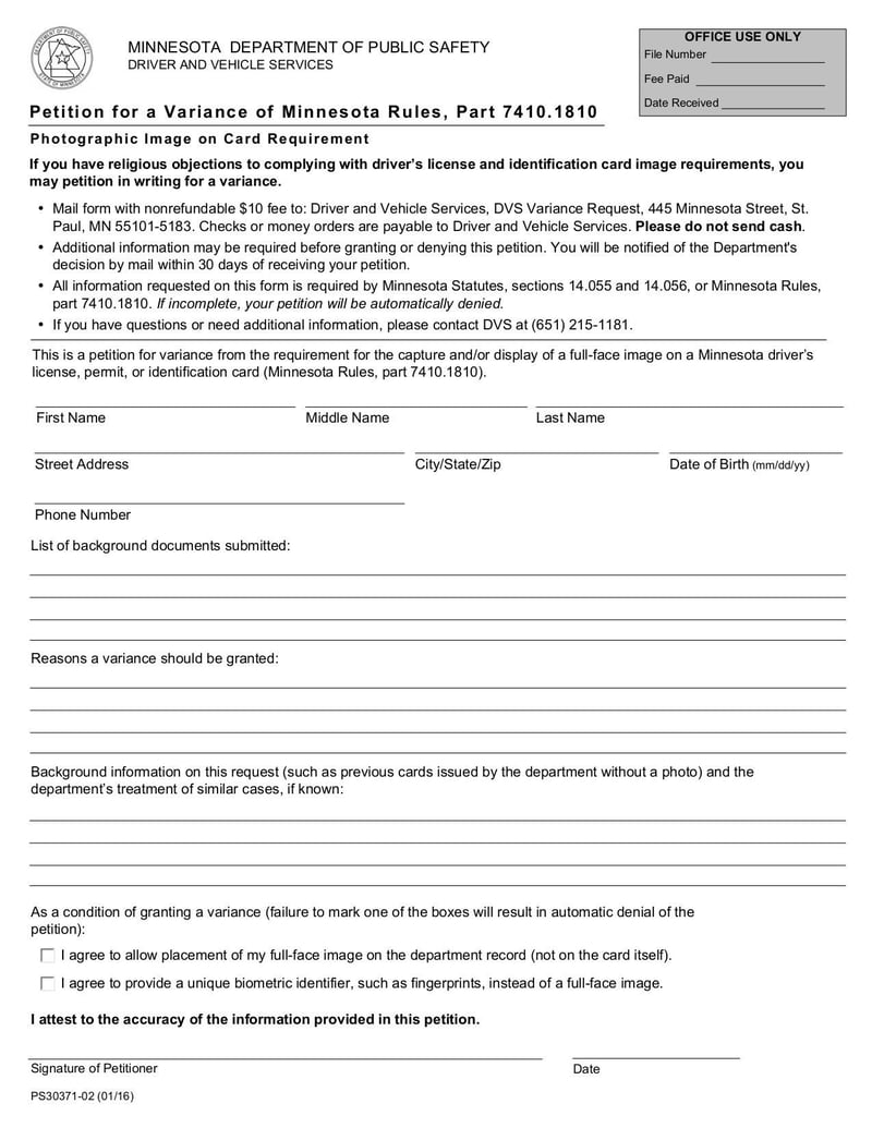 Large thumbnail of Petition for Variance Form (Form PS30371-02) - Jan 2016