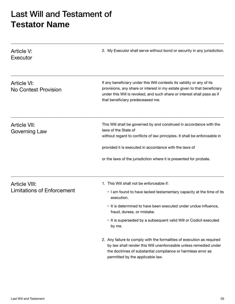 Last Will and Testament for declaring asset distribution and guardianship after death